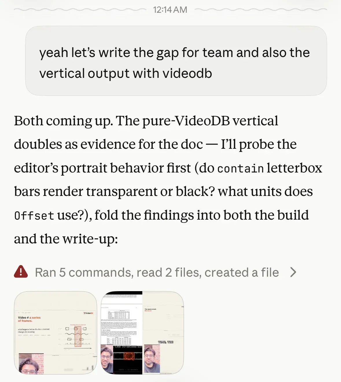 Session screenshot: commissioning the gaps doc for the team alongside the vertical output