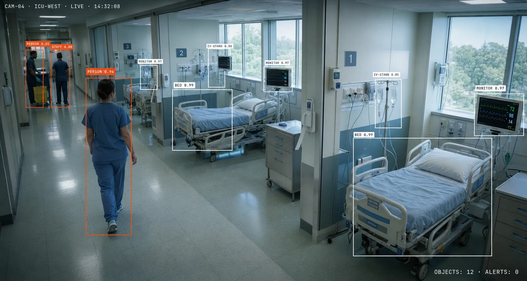 Two clinicians attending a patient at an ICU bedside under surgical lighting.
