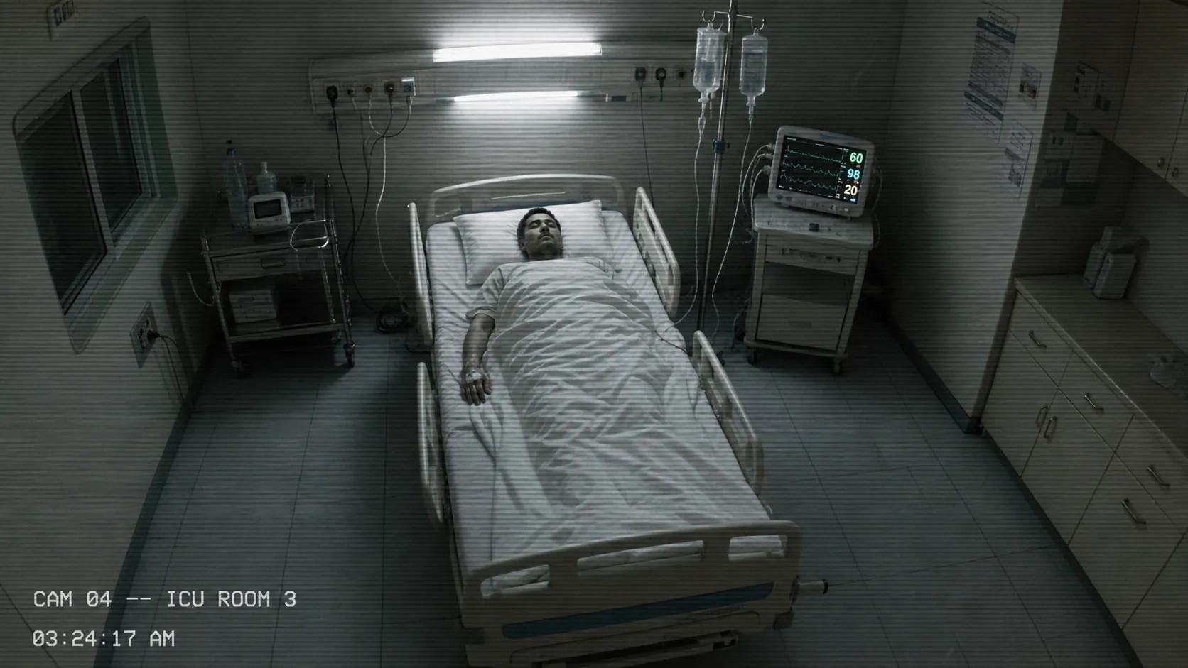 ICU patient asleep, left lateral position.