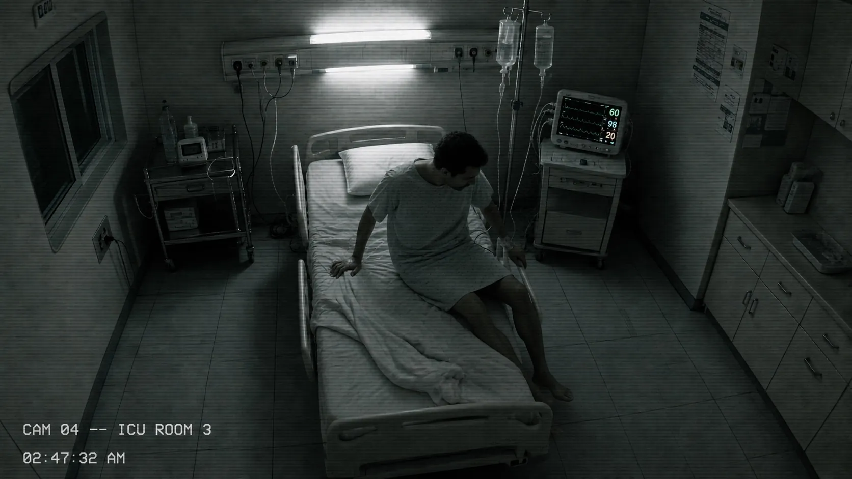 ICU bed at the moment of a bed-exit attempt.