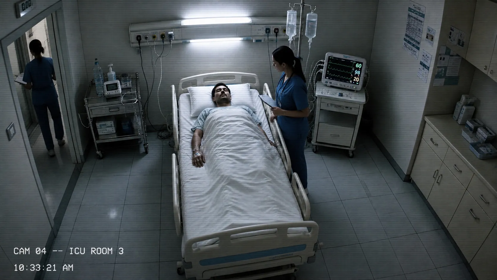 Nurse at the ICU bedside.