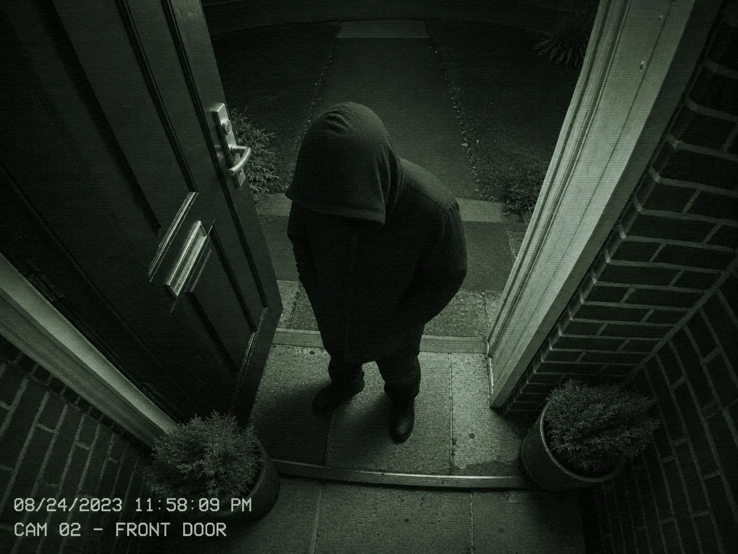An unknown visitor at the front door, later verified safe.