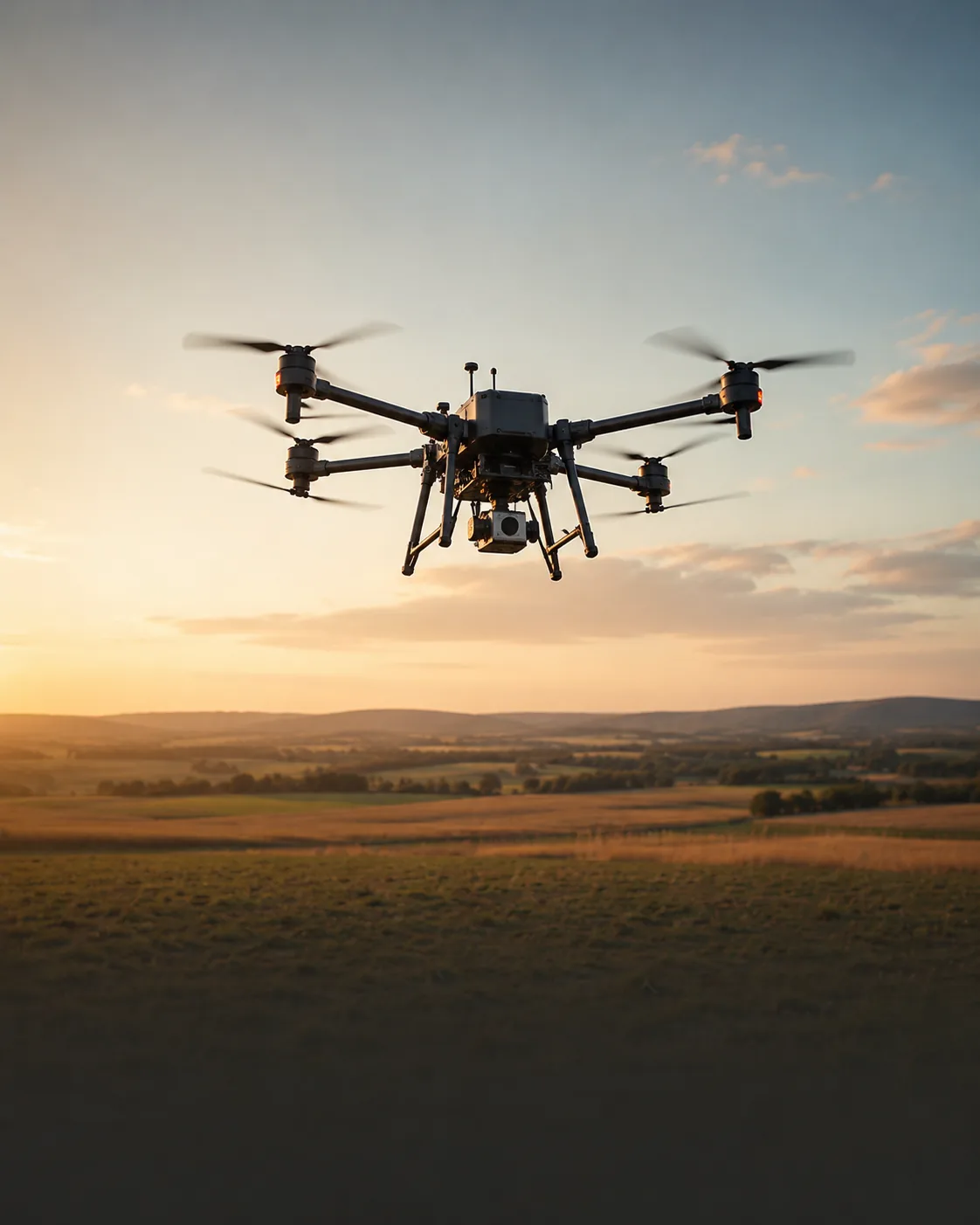 Drone in flight over a field
