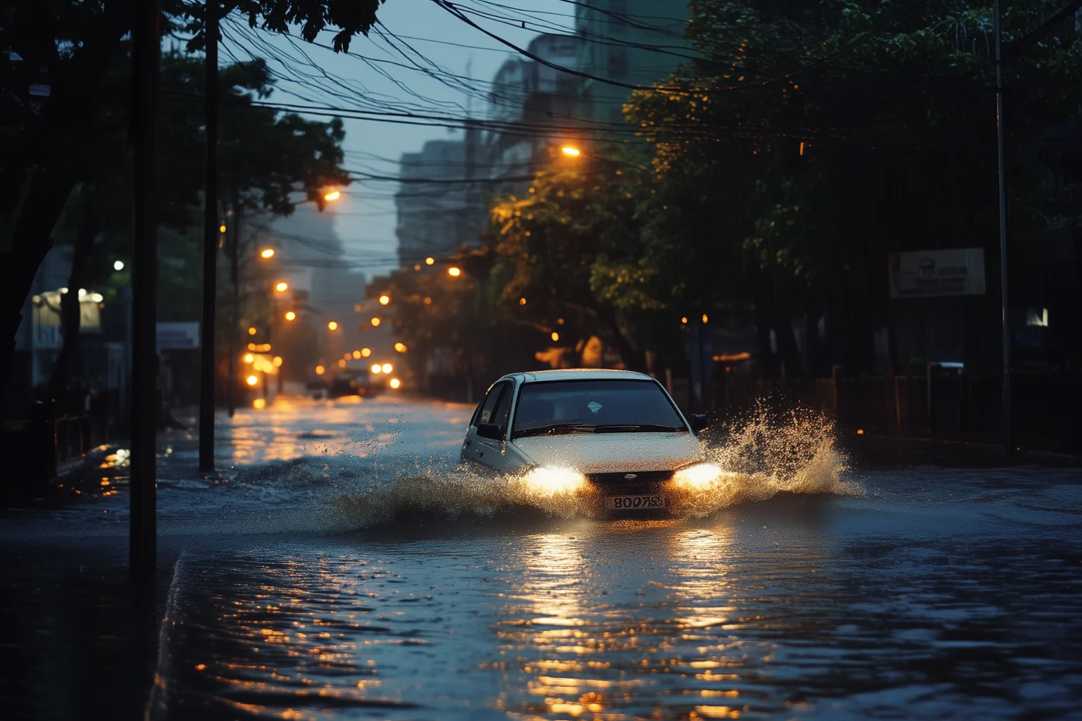 Flooded city street with a car driving through rising water