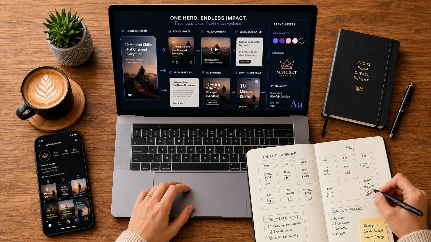 An excited person holding a smartphone surrounded by a sphere of vibrant video thumbnails (game highlights, travel moments, live events), representing brand content distributed at scale across channels