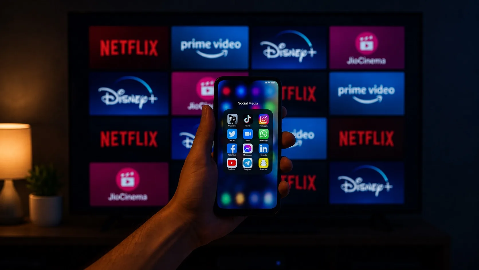 A smartphone displaying social media apps held in front of a TV showing streaming services Netflix, Disney+, Prime Video, and JioCinema