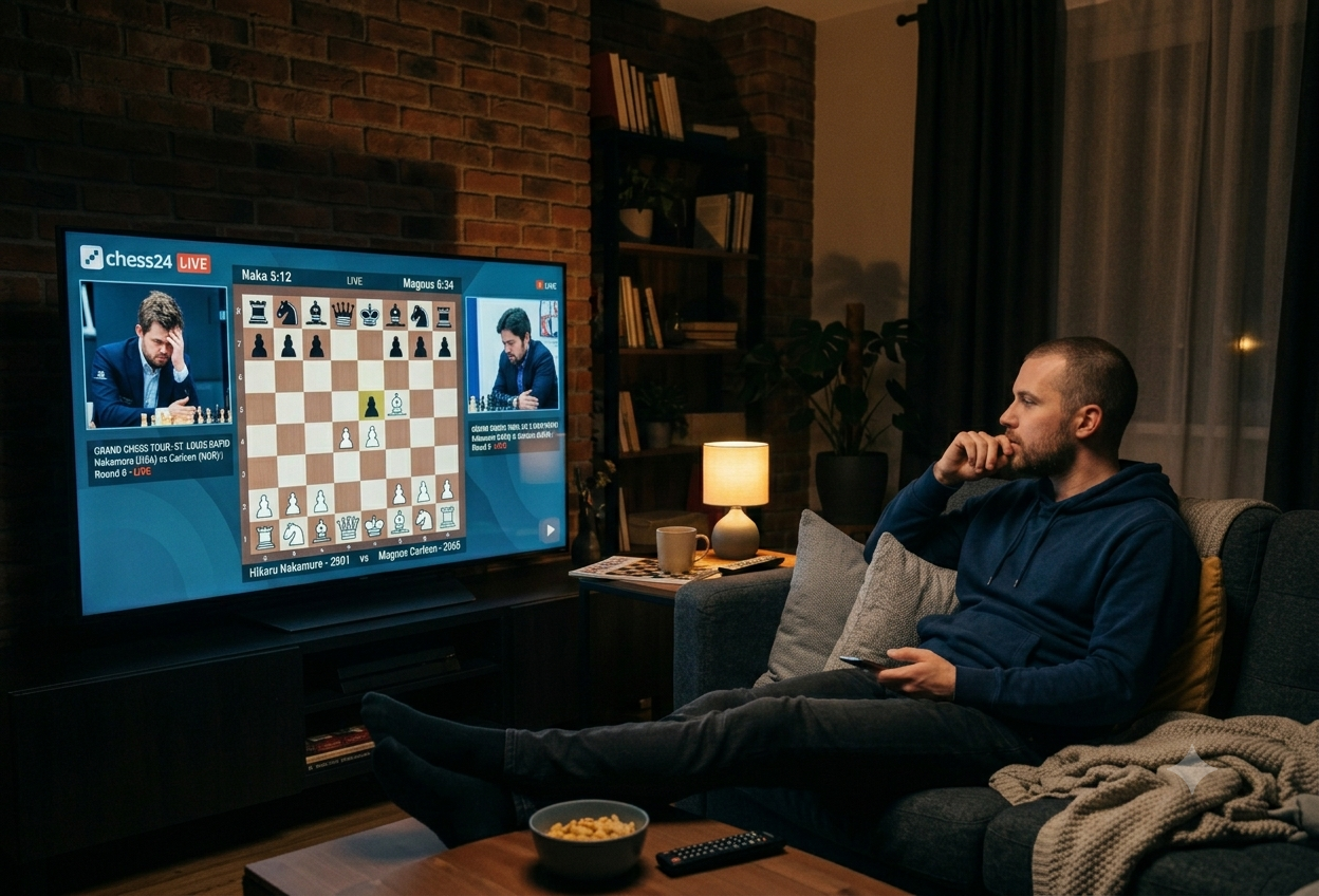 A person watching a live chess match recap on a television in a living room