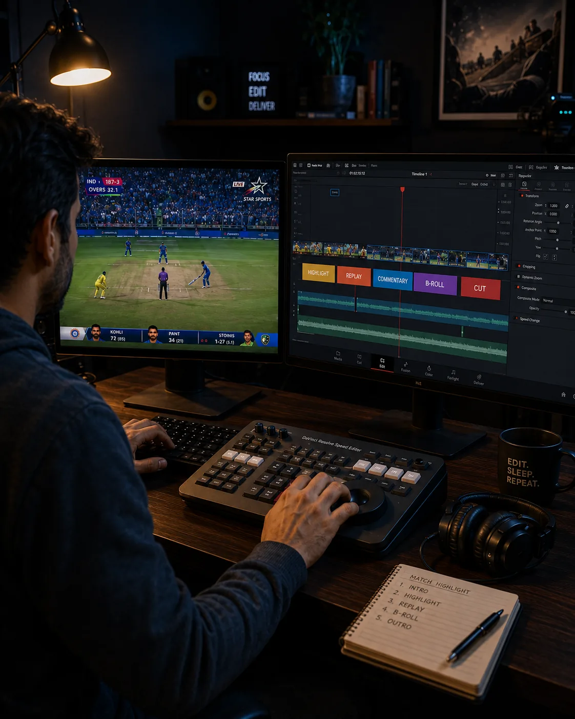 Video editor at a desktop workstation editing a cricket match clip with a professional control deck, lamp, and notebook on the desk