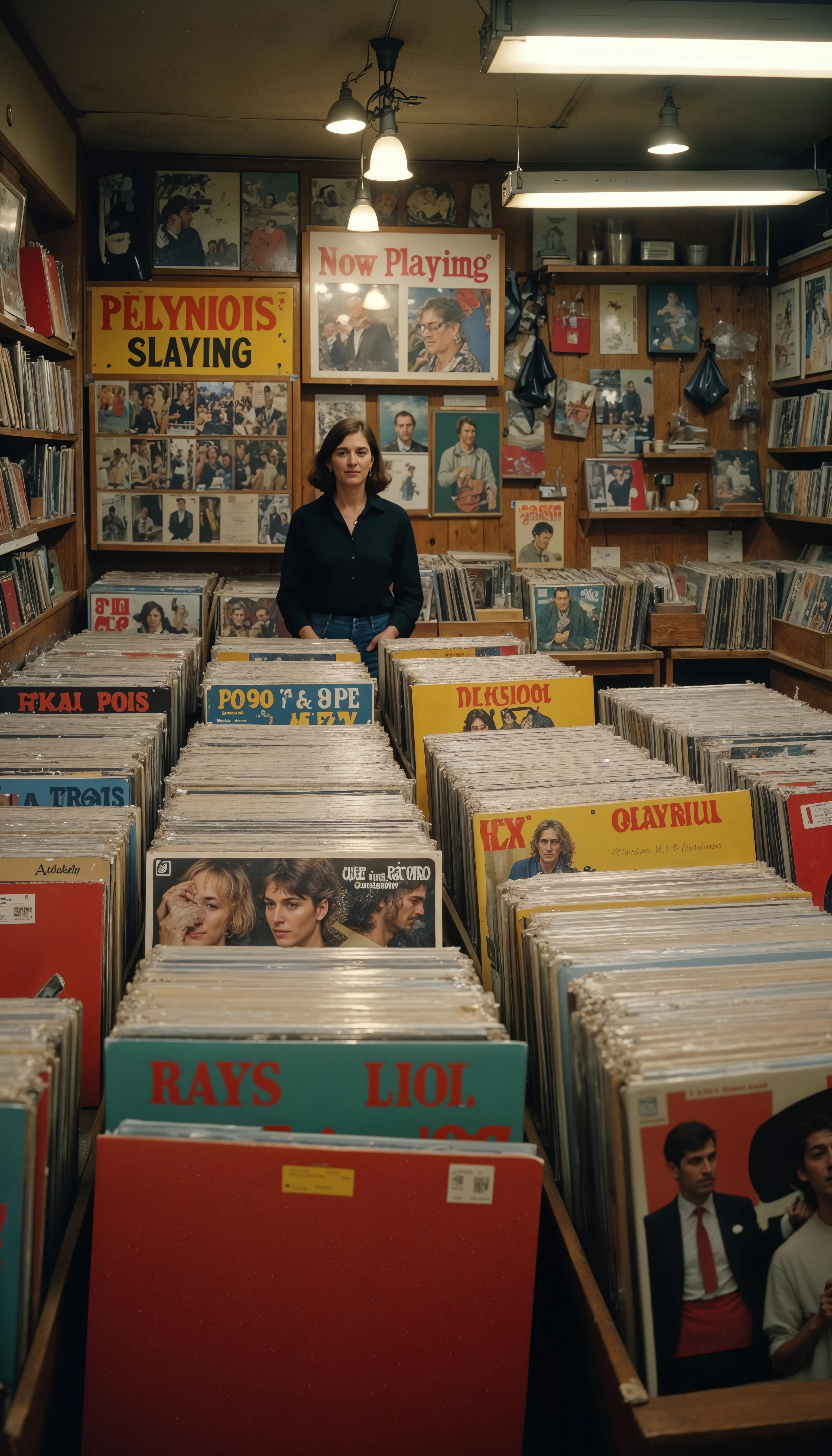 A woman standing in a record store surrounded by stacks of vintage magazine and album covers in display bins