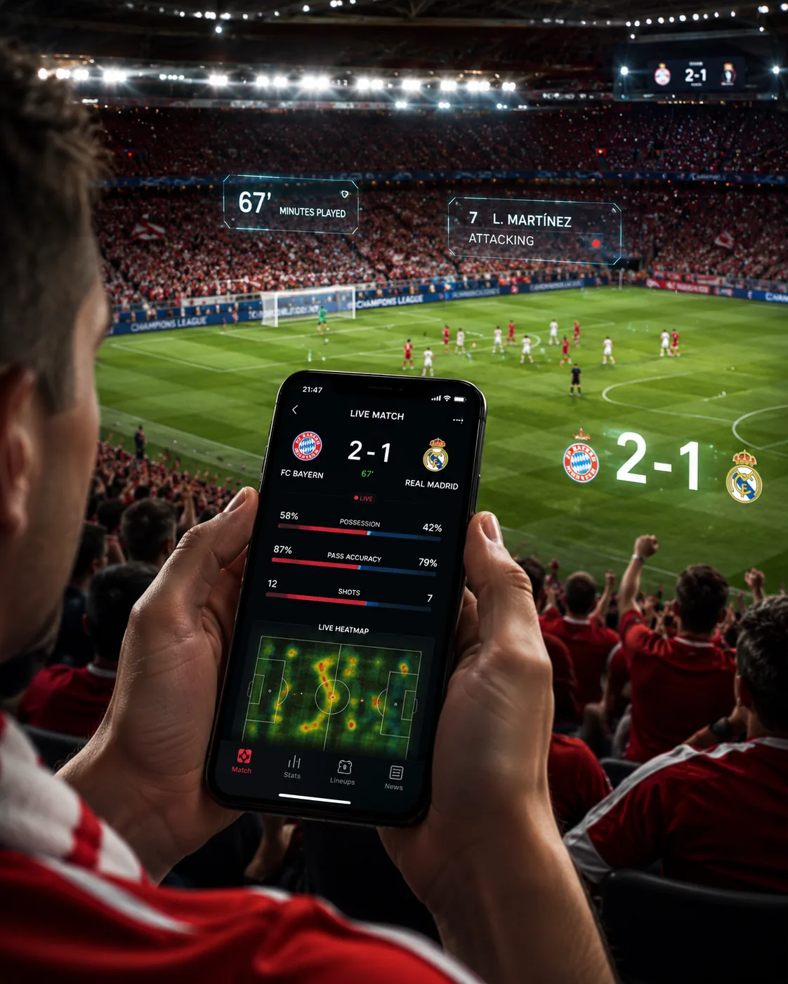 A football fan holding a smartphone displaying live match stats — score, possession, pass accuracy, and a player heatmap — at a packed stadium