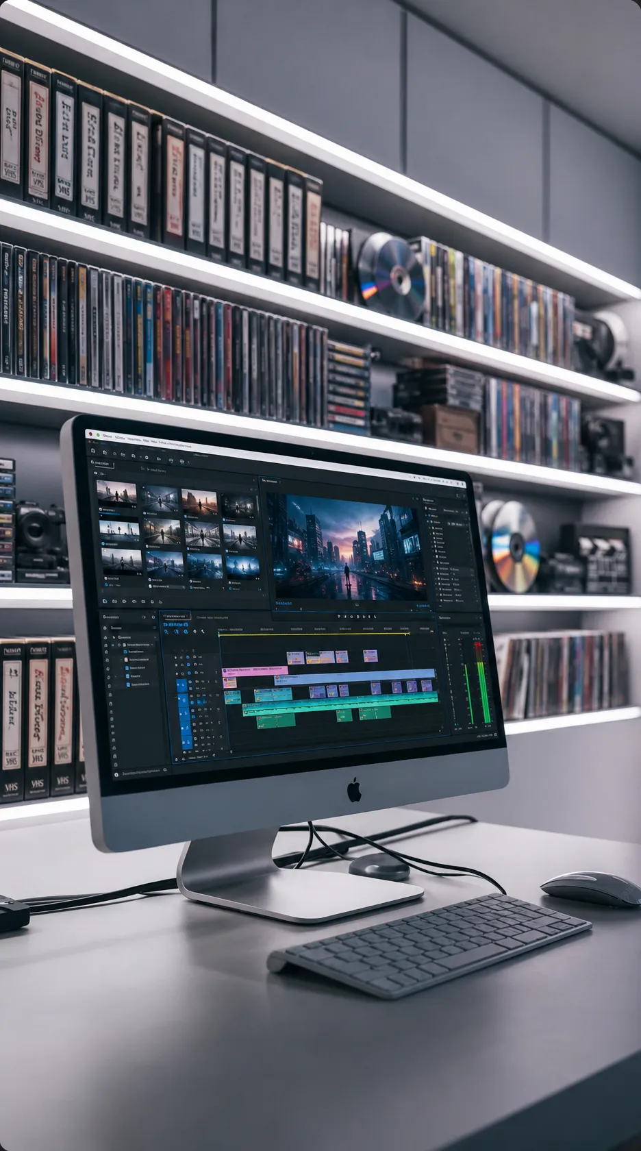 A person interacting with a floating catalog of movie genre cards — Action, Horror, Thriller, Romance, Sci-Fi, Comedy — representing a searchable streaming catalog