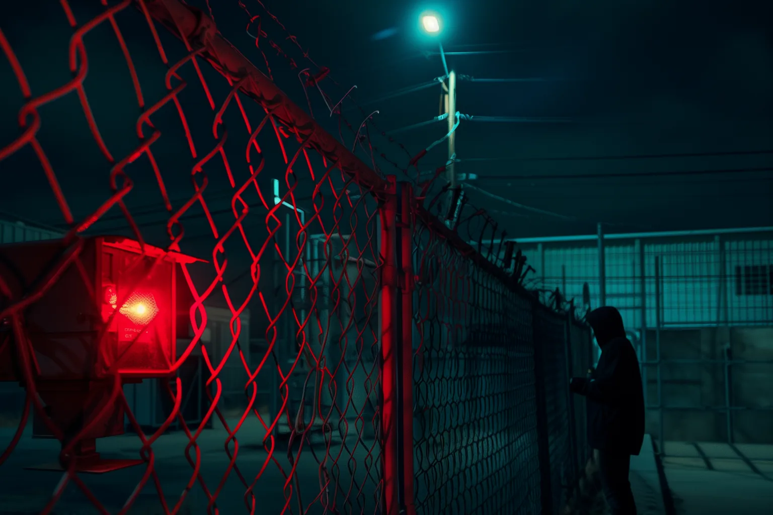 Perimeter fence monitored by a security camera at night
