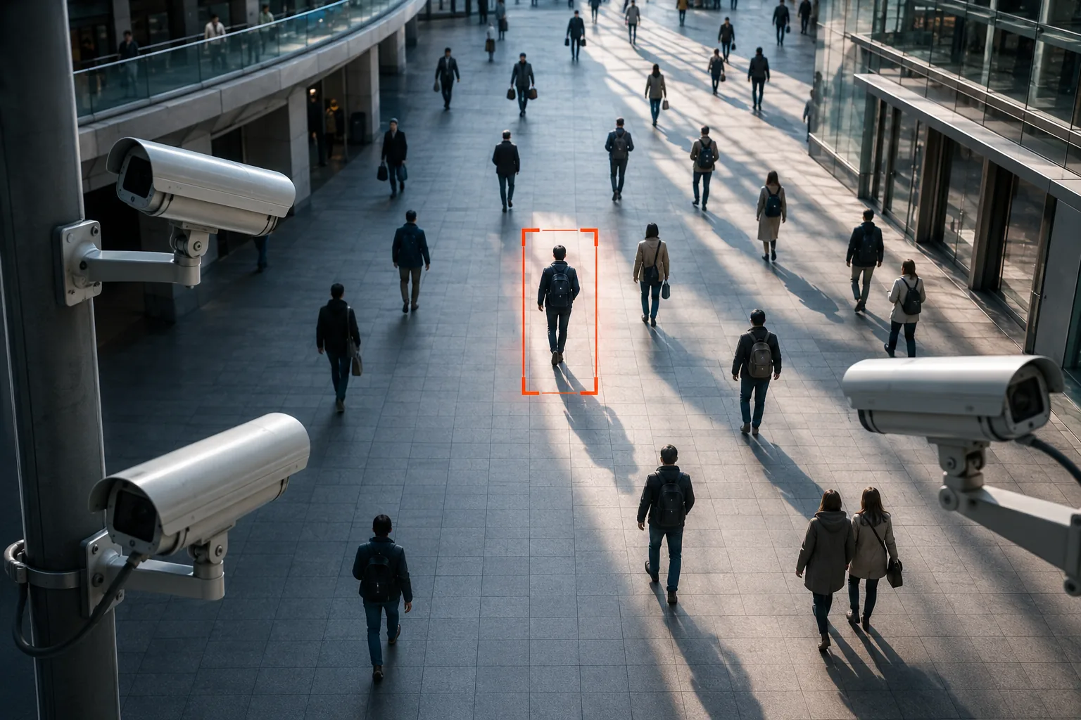 Multiple security camera angles tracking pedestrians in a public space