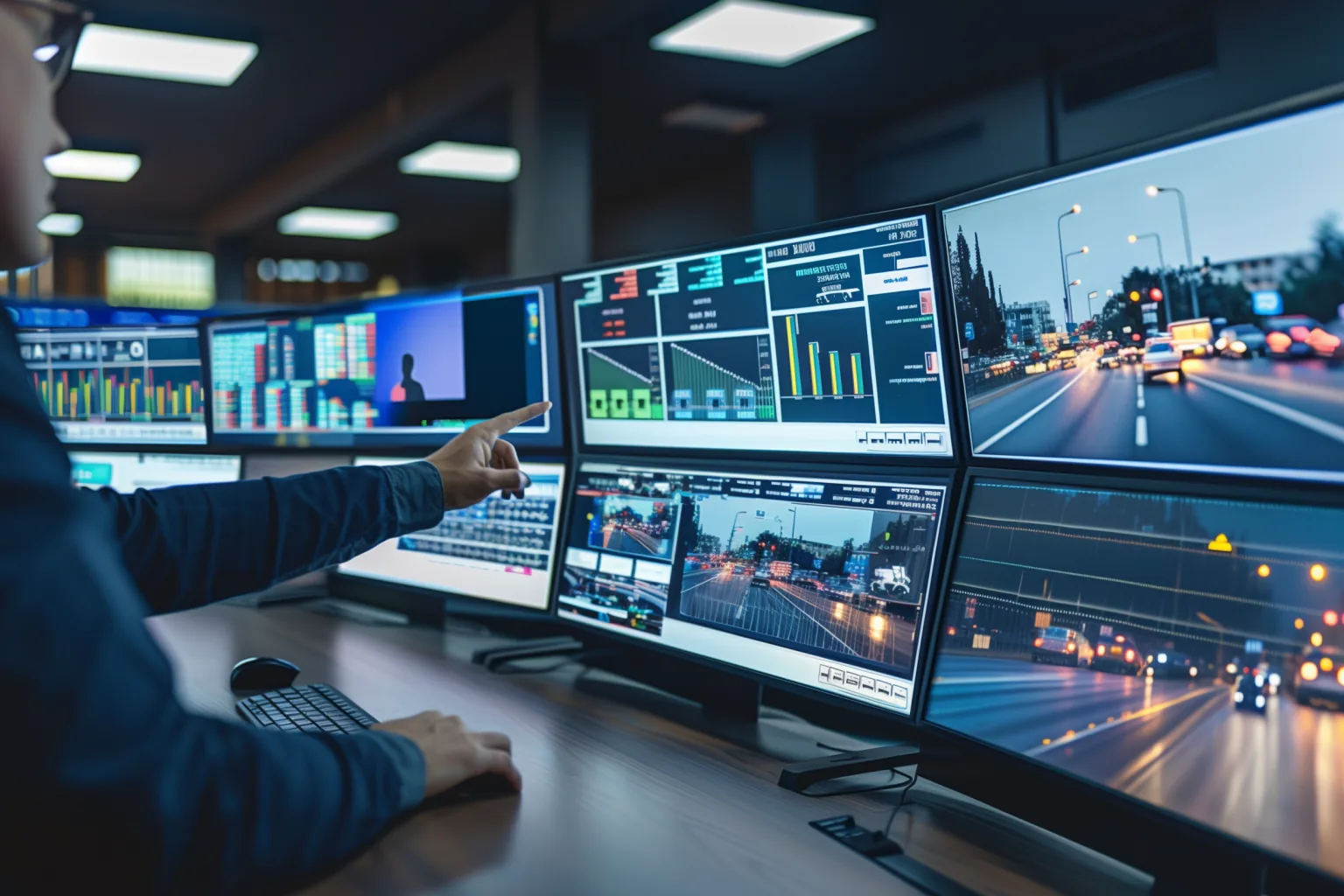 Traffic operations center with monitors showing live road camera feeds
