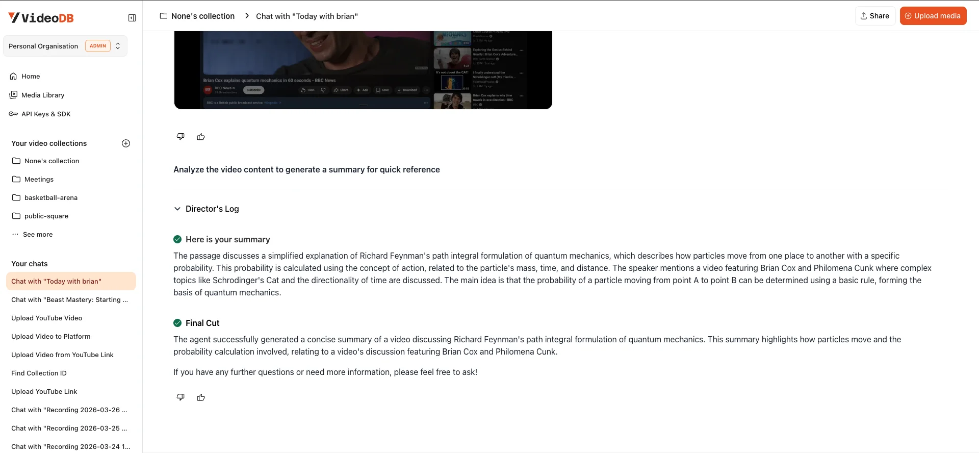 Example chat answering a question against a recording, with timestamped citations from the transcript