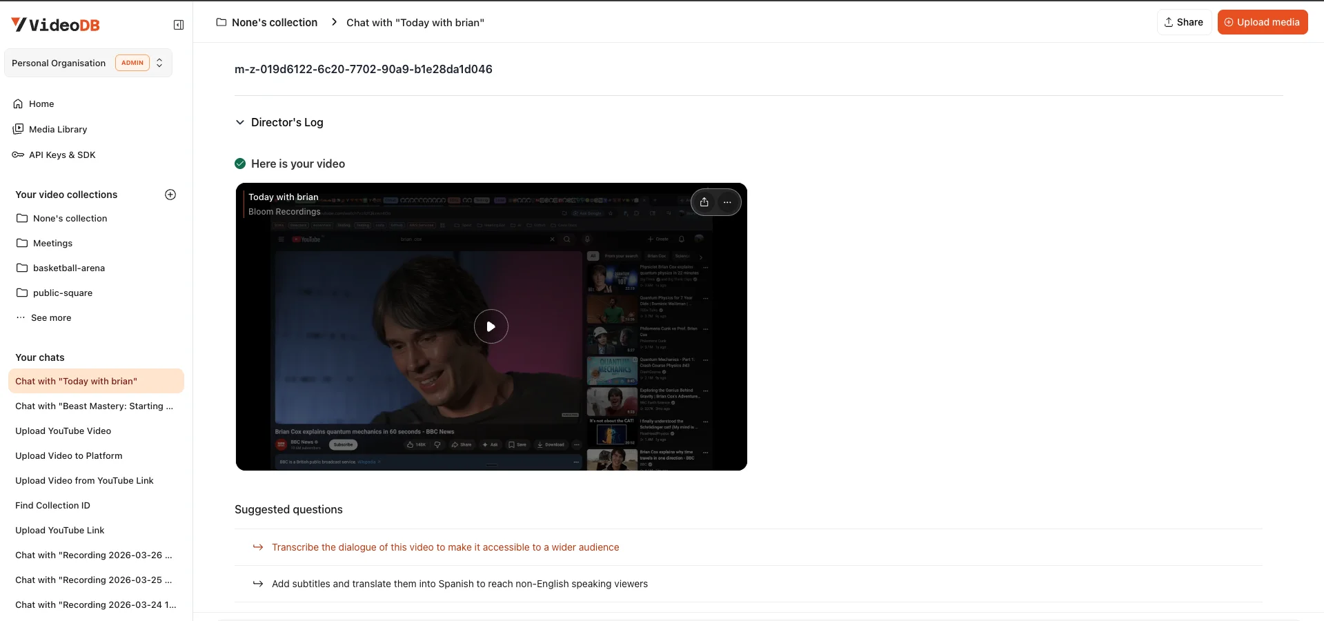 The Chat with video panel inside Bloom, the transcript-grounded chat interface that opens for a ready recording