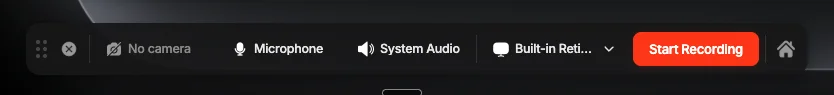 The Bloom floating bar sitting over a darker app, the record, pause, camera, and mic controls in a thin pill at the bottom of the screen