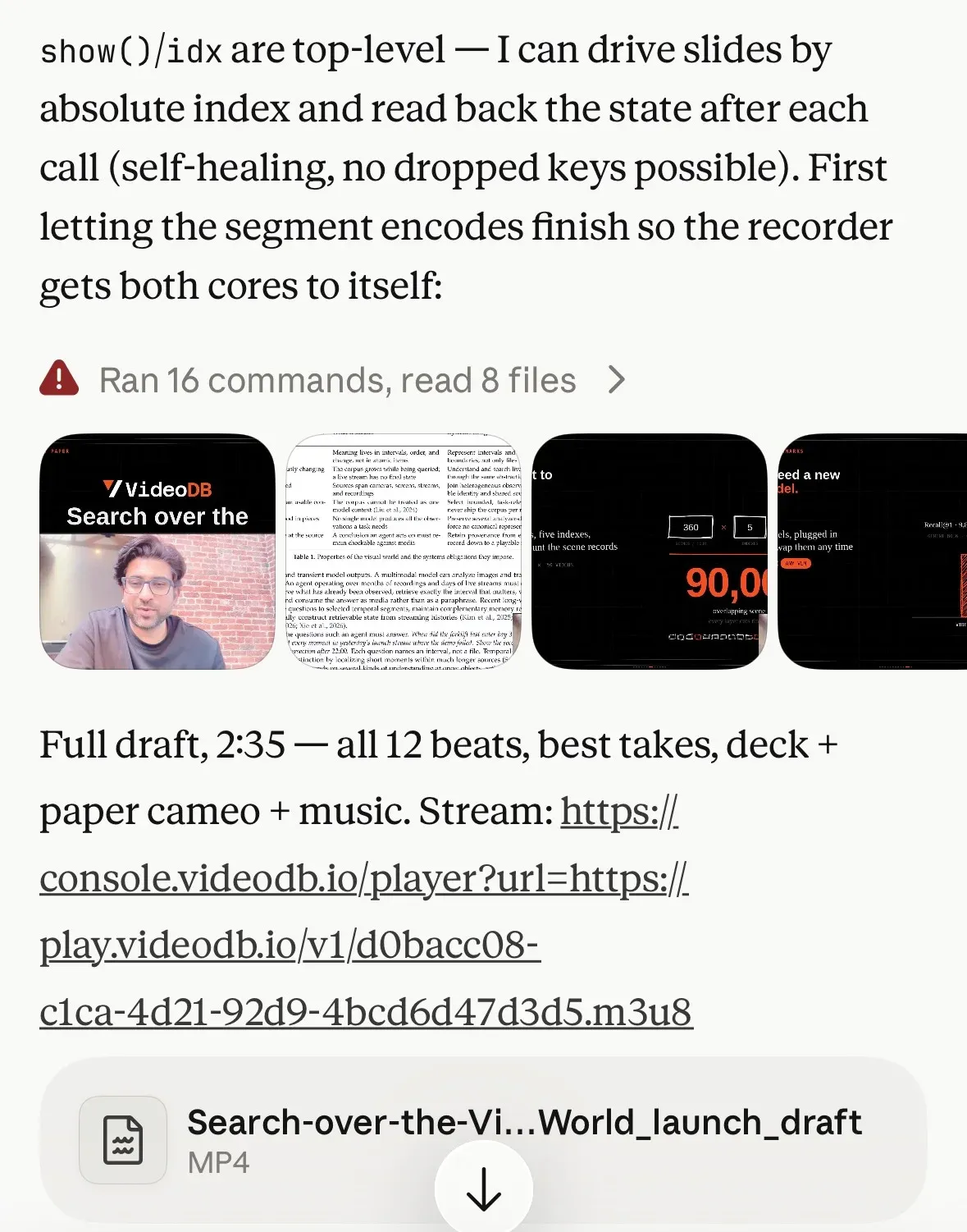 Session screenshot: the agent delivers the full 2:35 draft with a streaming link and its own notes