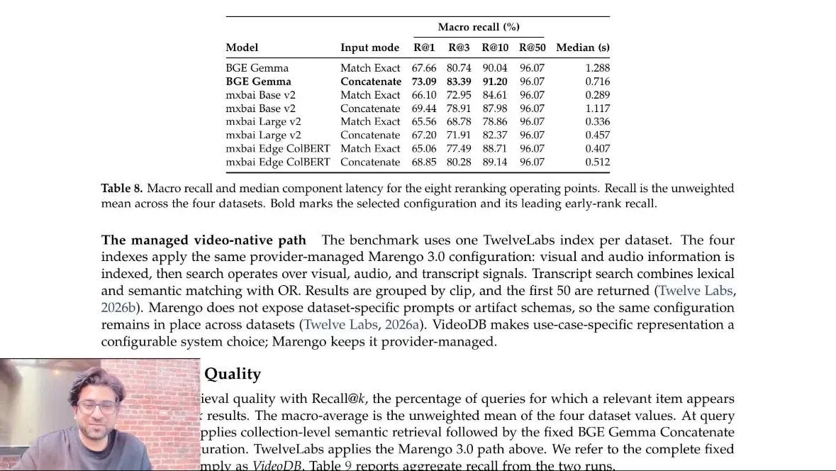 A frame from the final cut: the research paper scrolling past its benchmark table, with the founder overlay