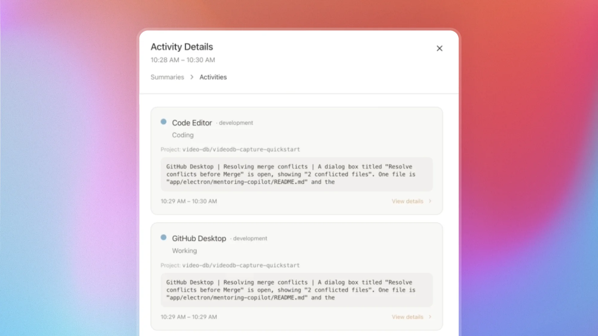Focusd activity details showing app-level work context