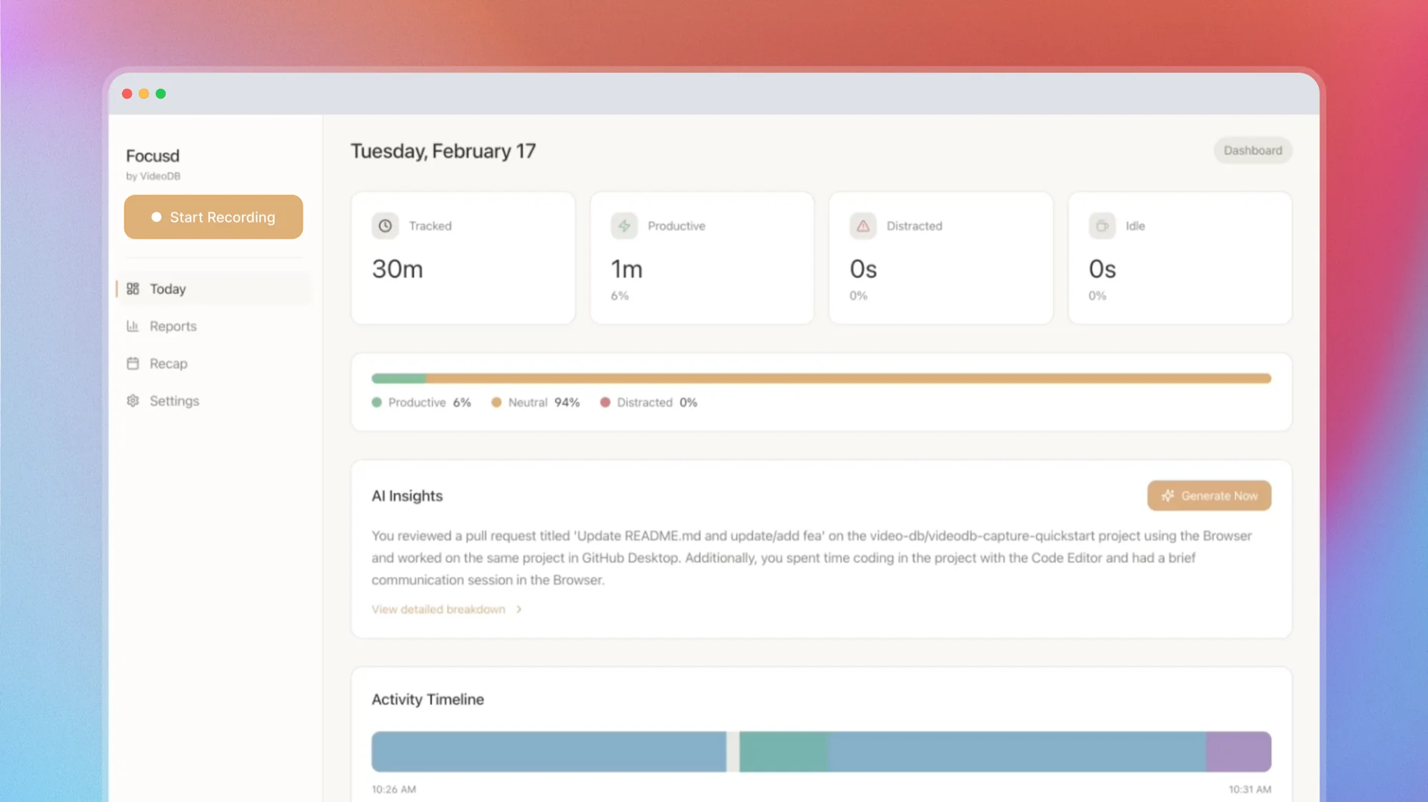 Focusd dashboard with activity metrics, AI insights, and timeline