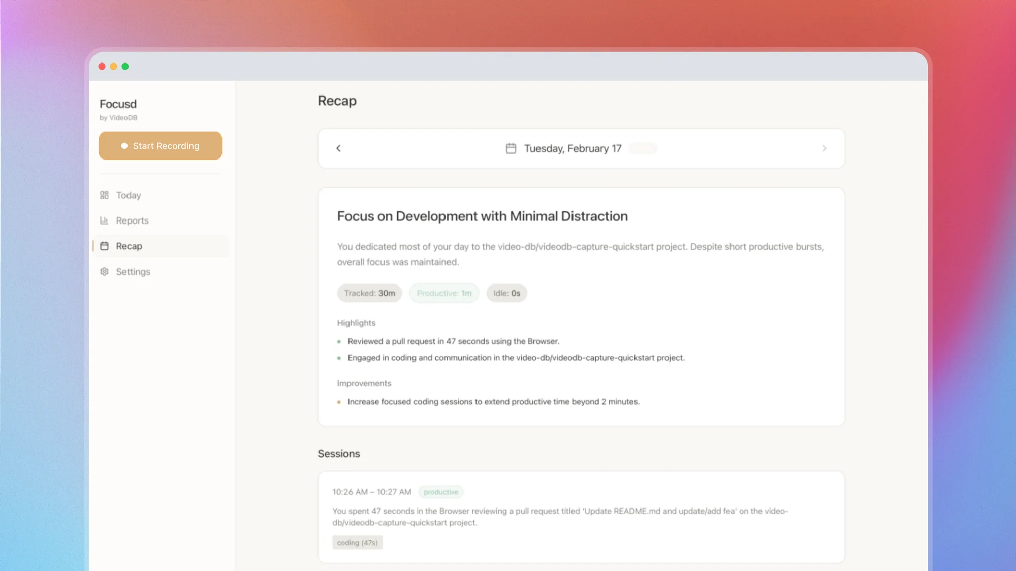 Focusd daily recap with highlights, improvements, and session cards