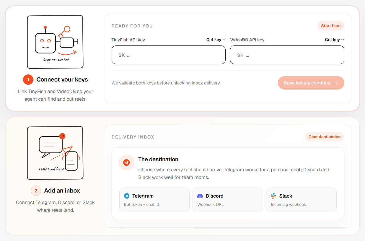 World Cup video agent setup steps for adding API keys and choosing a delivery channel
