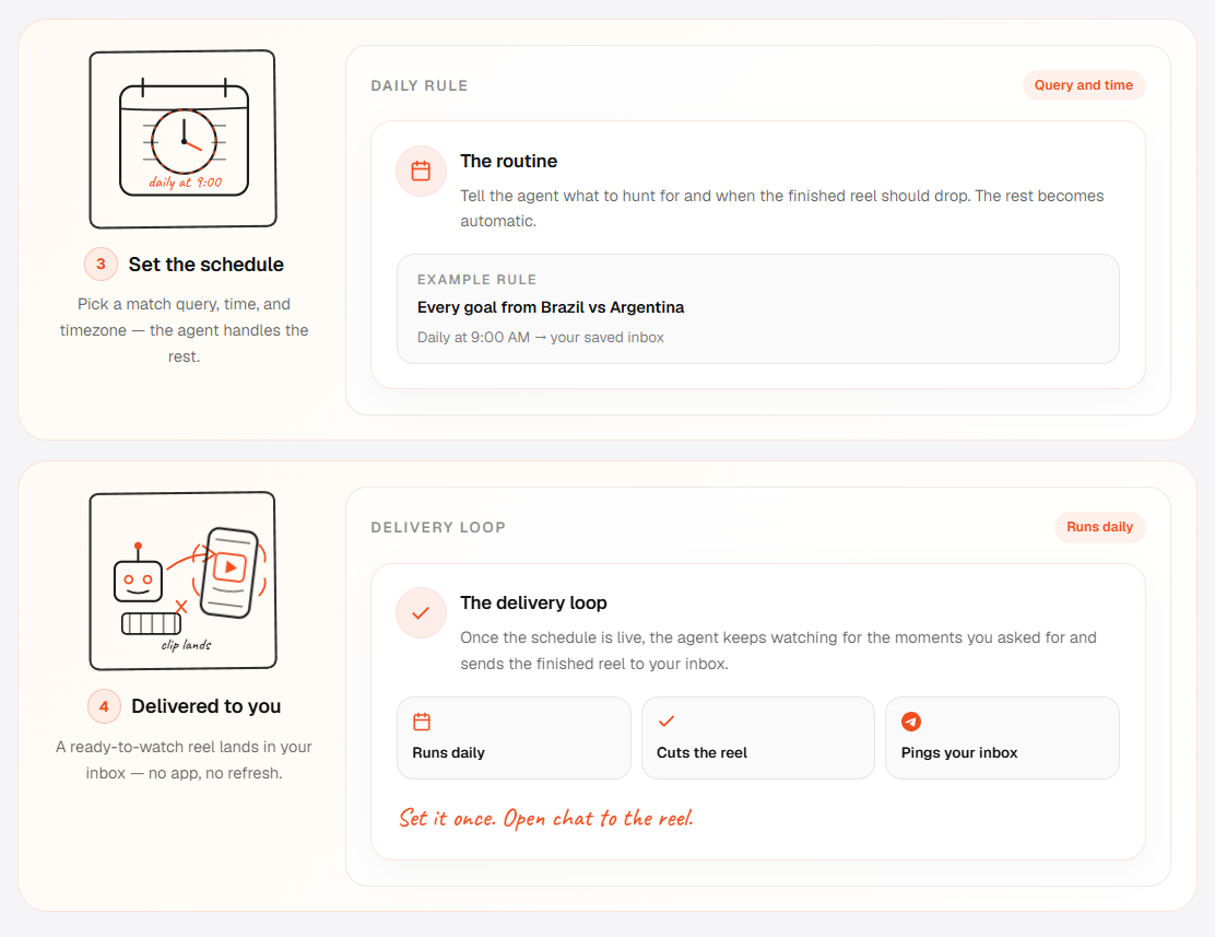 World Cup video agent setup steps for scheduling a daily reel and receiving it in an inbox